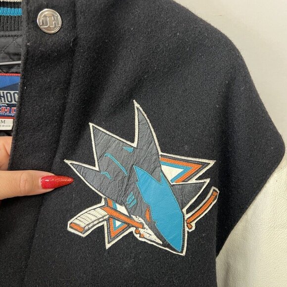 San Jose Sharks Two Tone Wool Leather Jacket Black/White Medium JH Design NHL - Picture 4 of 11